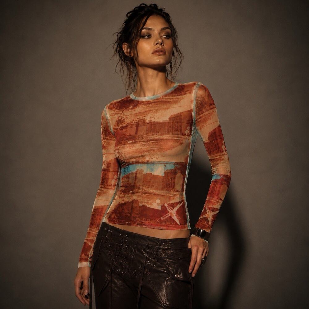 Vtg Jean Paul Gaultier Fuzzi Archive Mesh Top Y2k L Sheer Cityscape Print NWOT